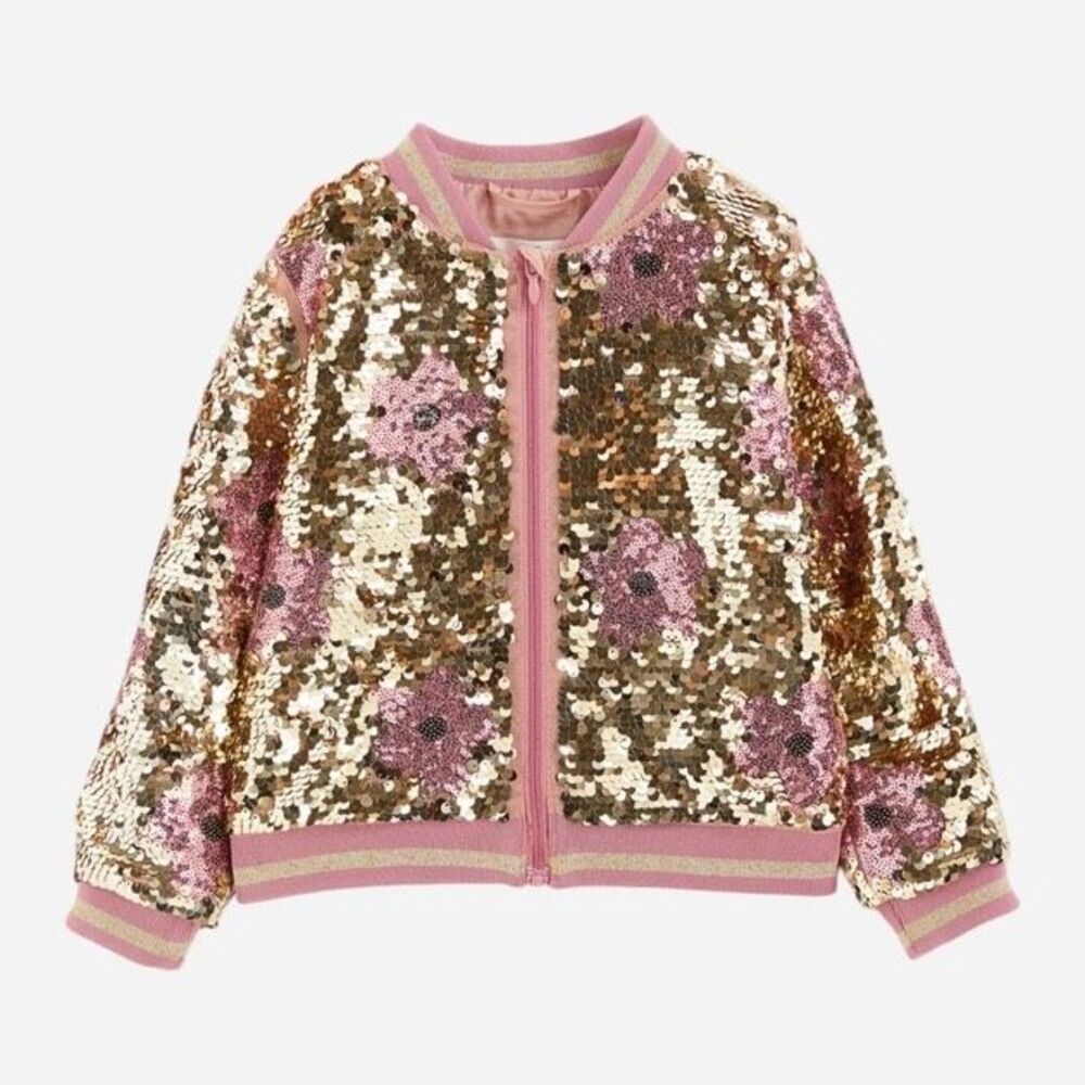 H&M Sequined Bomber Jacket girls shiny gold and pink floral sequins floral sz 6X